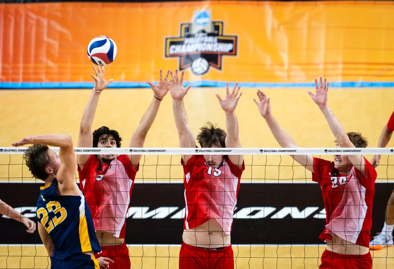 The Ball State men's volleyball team competes against the University of California Irvine in the NCAA Semi-Final at the Pauley Pavilion in Los Angeles, California on May 9, 2026 at Pauley Pavilion. Photo by Bobby Ellis/Ball State University.