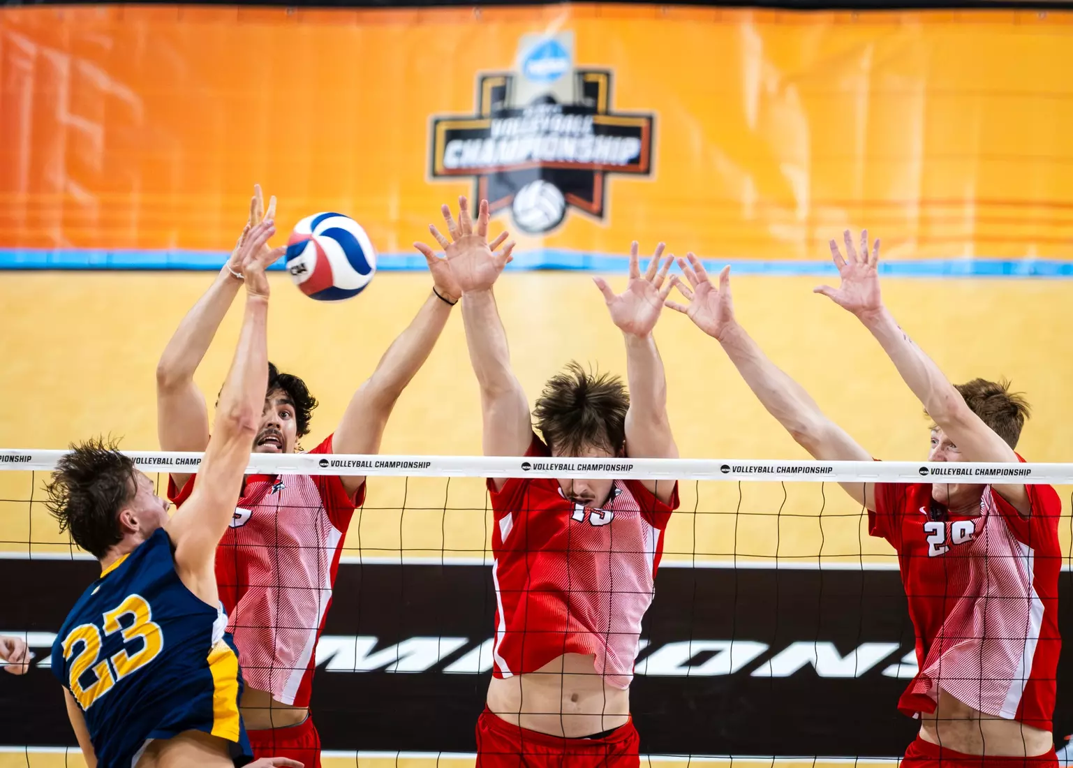 The Ball State men's volleyball team competes against the University of California Irvine in the NCAA Semi-Final at the Pauley Pavilion in Los Angeles, California on May 9, 2026 at Pauley Pavilion. Photo by Bobby Ellis/Ball State University.