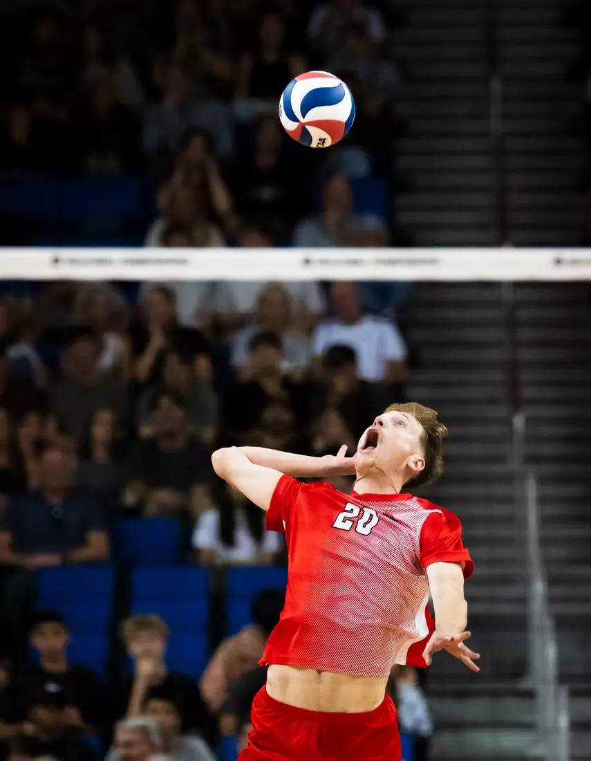 The Ball State men's volleyball team competes against the University of California Irvine in the NCAA Semi-Final at the Pauley Pavilion in Los Angeles, California on May 9, 2026 at Pauley Pavilion. Photo by Bobby Ellis/Ball State University.