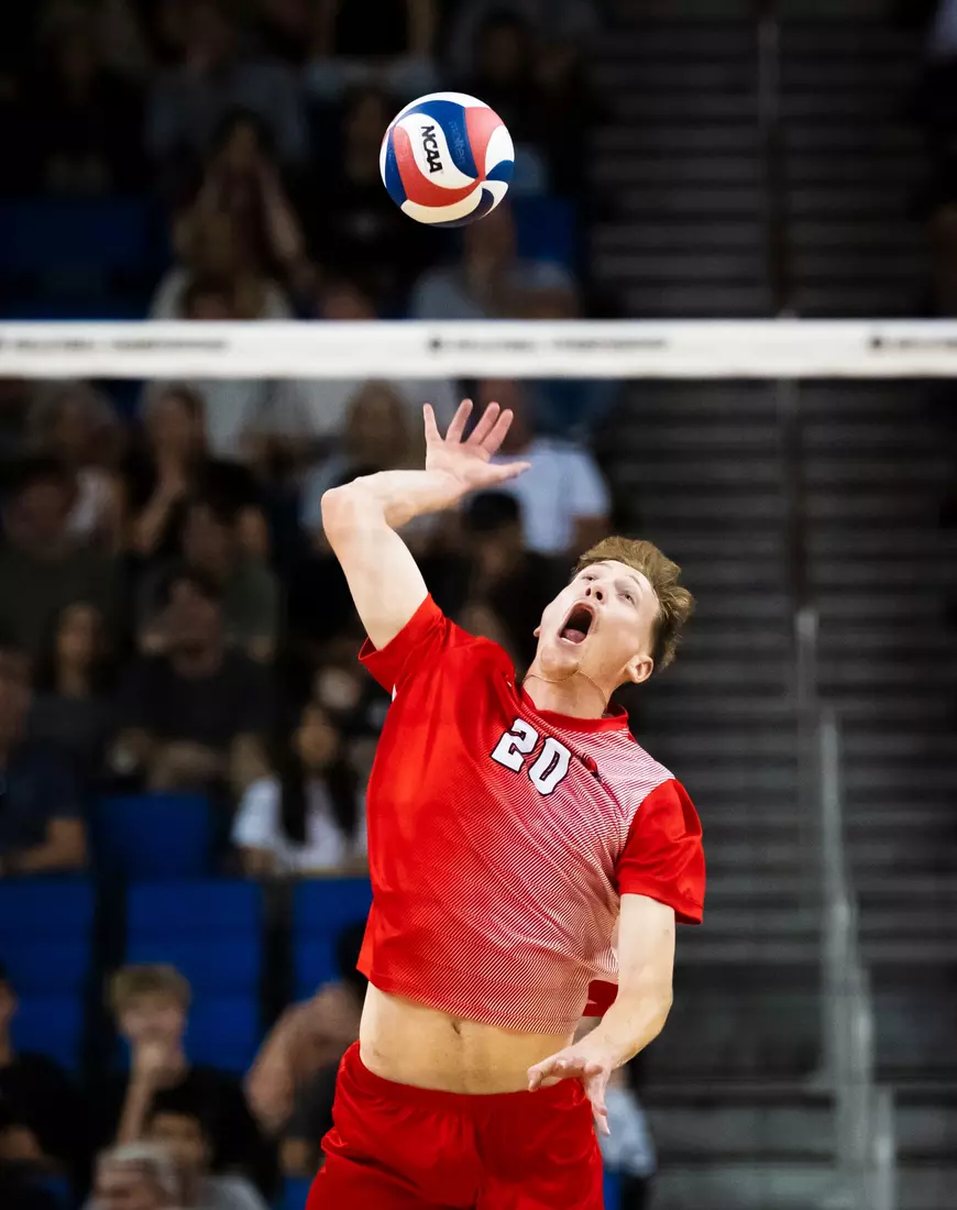 The Ball State men's volleyball team competes against the University of California Irvine in the NCAA Semi-Final at the Pauley Pavilion in Los Angeles, California on May 9, 2026 at Pauley Pavilion. Photo by Bobby Ellis/Ball State University.