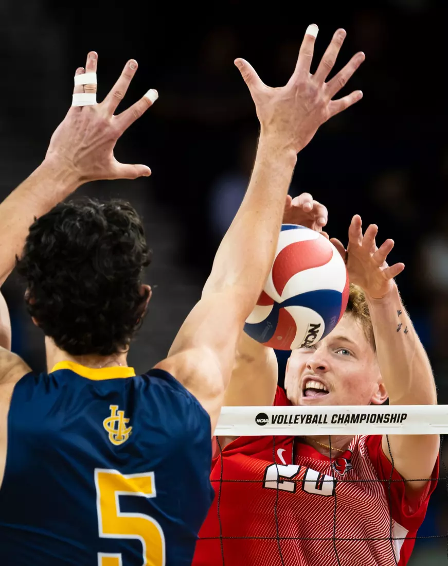 The Ball State men's volleyball team competes against the University of California Irvine in the NCAA Semi-Final at the Pauley Pavilion in Los Angeles, California on May 9, 2026 at Pauley Pavilion. Photo by Bobby Ellis/Ball State University.