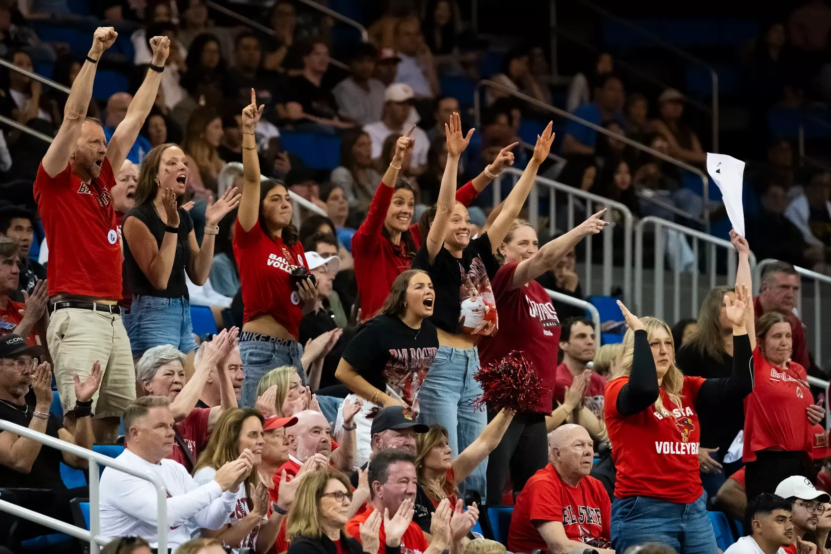 The Ball State men's volleyball team competes against the University of California Irvine in the NCAA Semi-Final at the Pauley Pavilion in Los Angeles, California on May 9, 2026 at Pauley Pavilion. Photo by Bobby Ellis/Ball State University.