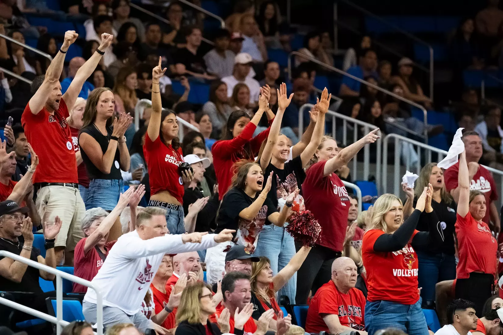 The Ball State men's volleyball team competes against the University of California Irvine in the NCAA Semi-Final at the Pauley Pavilion in Los Angeles, California on May 9, 2026 at Pauley Pavilion. Photo by Bobby Ellis/Ball State University.