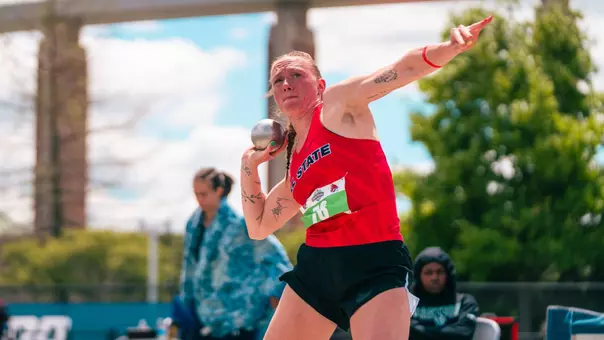 Kenli Nettles winds up to release the shot put. Nettles would use this performance to win the MAC heptathlon title.