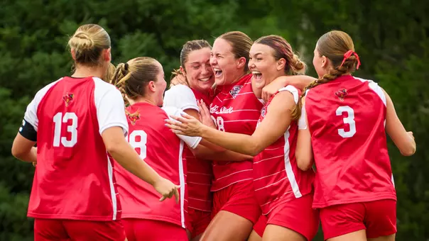 Kaelyn Valleau and teammates celebrate her third-minute goal versus IU Indy Thursday (Aug. 13, 2026) at the Briner Sports Complex.