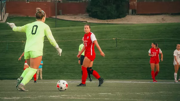 Kaelyn Valleau in a red Ball State soccer uniform playing on Thursday night at Butler