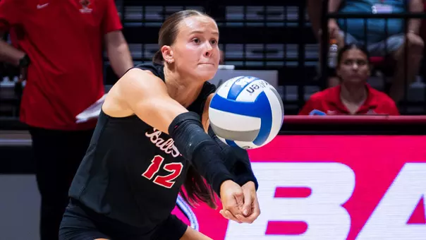 Sophie Ledbetter making a dig in Ball State's Aug. 20, 2026 exhibition match vs. UIndy