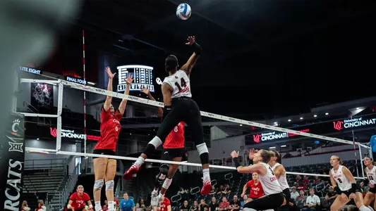 Ava Smith attacks during Ball State's Sept. 15, 2026 match at Cincinnati's Fifth Third Arena