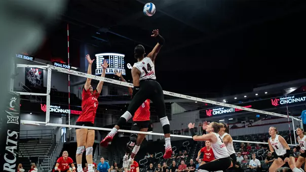Ava Smith attacks during Ball State's Sept. 15, 2026 match at Cincinnati's Fifth Third Arena