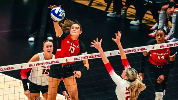 Gwen Crull attacks the ball during Ball State's 3-1 win over IU Indy on Sept. 19, 2026