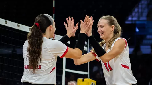 Tiffany Snook and Audrey Geer high five during Ball State's 3-1 win over Xavier on Aug. 29, 2026
