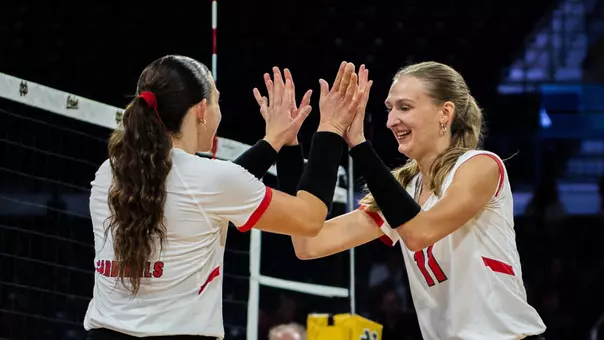 Tiffany Snook and Audrey Geer high five during Ball State's 3-1 win over Xavier on Aug. 29, 2026