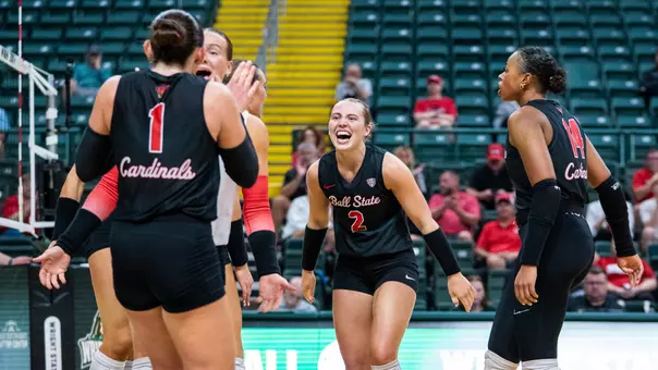 The Ball State women's volleyball team celebrates a point in the Sept. 4, 2026 win over Dayton.