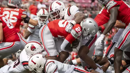 The Ball State Cardinals football team competes against the Ohio State University Buckeyes at Ohio Stadium in Columbus, Ohio on September 05, 2026. Photo by Bobby Ellis/Ball State University