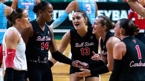 The Ball State women's volleyball team celebrates a point in the Sept. 4, 2026 victory over Dayton