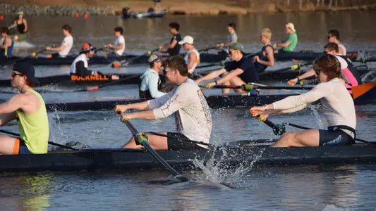 Men's crew team practicing on spring break in preparation for the racing season