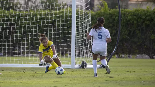 Carissa Christensen finishes with 12 saves to keep CBU women's soccer in the game against Kansas City.