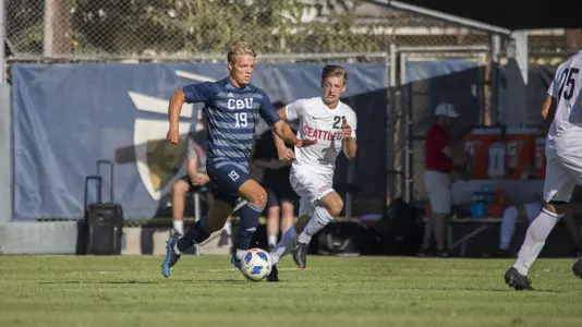 Niklas Haakenstad scores a goal in CBU men's soccer's 2-1 victory over Seattle U.