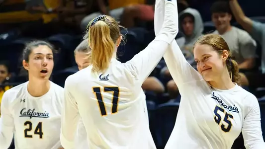 September 21, 2022; Berkeley, California, USA; Volleyball: California Golden Bears vs Stanford Cardinal at Haas Pavilion; Annalea Maeder (17), Peyton DeJardin (55) (Photo credit: Kelley L Cox/KLC fotos)