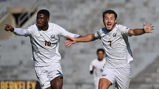 Evan Davila celebrates his goal vs. Stanford with Nonso Adimabua