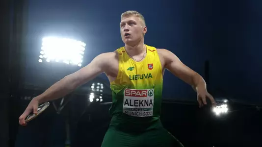 MUNICH, GERMANY - AUGUST 19: Mykolas Alekna of Lithuania competes during the Athletics - Men's Discus Throw Final on day 9 of the European Championships Munich 2022 at Olympiapark on August 19, 2022 in Munich, Germany. (Photo by Alexander Hassenstein/Getty Images)