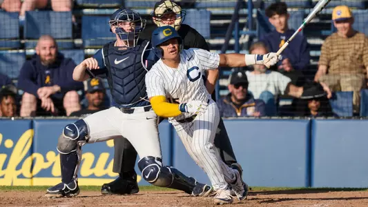 February 24, 2024; Berkeley, California, USA; Baseball; California Golden Bears vs Connecticut Huskies on Evans Diamond at Stu Gordon Stadium. Caleb Lomavita (15) Batting Single. Mandatory credit: Robert Edwards/KLC fotos