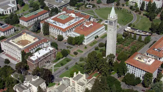 Aerial view of UC Berkeley campus and Campanile