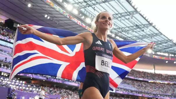 Aug 10, 2024; Saint-Denis, FRANCE; Georgia Bell (GBR) celebrates after finishing in third place in the women's 1500m final during the Paris 2024 Olympic Summer Games at Stade de France. Mandatory Credit: Kirby Lee-USA TODAY Sports