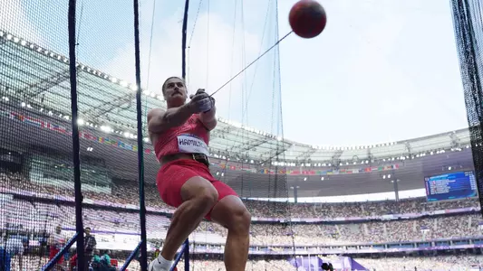 Aug 2, 2024; Paris, FRANCE; Rowan Hamilton (CAN) in the men's hammer throw qualifications during the Paris 2024 Olympic Summer Games at Stade de France. Mandatory Credit: Kirby Lee-USA TODAY Sports