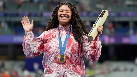 Aug 6, 2024; Paris Saint-Denis, France; Camryn Rogers (CAN) celebrates after winning gold in the women?s hammer throw during the Paris 2024 Olympic Summer Games at Stade de France. Mandatory Credit: Andrew Nelles-USA TODAY Sports