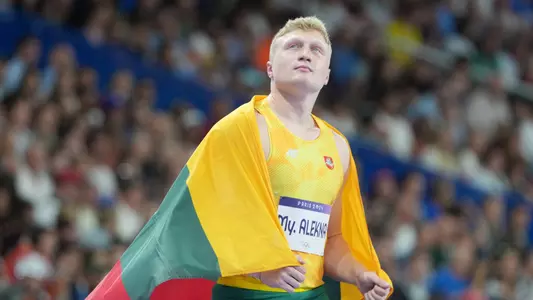 Aug 7, 2024; Saint-Denis, FRANCE; Mykolas Alekna (LTU) reacts after finishing in second in the men's discus throw final during the Paris 2024 Olympic Summer Games at Stade de France. Mandatory Credit: Kirby Lee-USA TODAY Sports