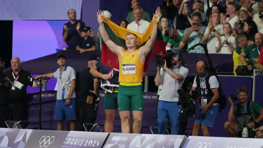 Aug 7, 2024; Saint-Denis, FRANCE; Mykolas Alekna (LTU) reacts after finishing second in the men's discus throw final during the Paris 2024 Olympic Summer Games at Stade de France. Mandatory Credit: James Lang-USA TODAY Sports