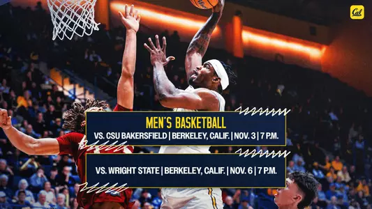 graphic - men's basketball upcoming opponents - CSU Bakersfield & Wright State w/ action of Lee Dort dunking