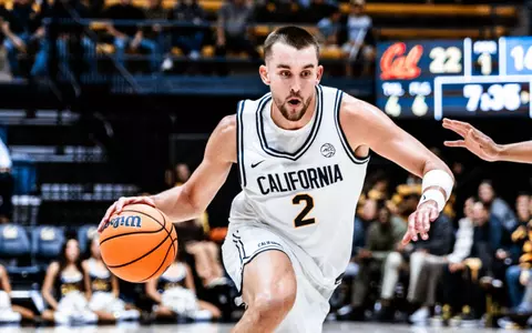 John Camden drives to the hoop vs. CSUB in a Cal win at Haas Pavilion
