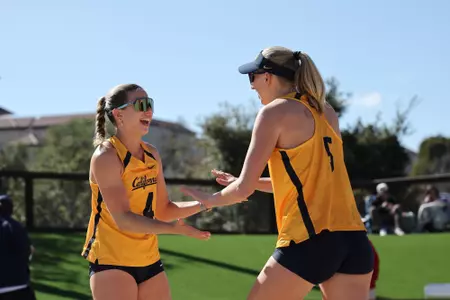 March 7, 2025; Stanford, California, USA; BVOL: Cal vs. GCU at . Gia Fisher, Sierra Caffo (Photo credit: Al Sermeno/KLC fotos)