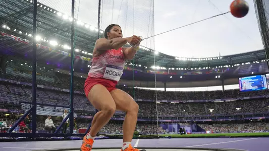 Aug 6, 2024; Saint-Denis, FRANCE; Camryn Rogers (CAN) in the women's hammer throw final during the Paris 2024 Olympic Summer Games at Stade de France. Mandatory Credit: Kirby Lee-USA TODAY Sports
