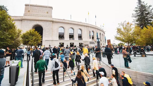 California Memorial Stadium exterior with fans arriving for a game day