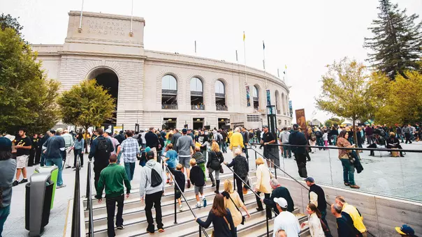 California Memorial Stadium exterior with fans arriving for a game day
