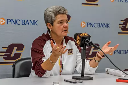 Coach Sue Guevara talks about her 2016-17 CMU women's basketball team Thursday at the team's annual Media Day..