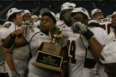 Central Michigan players celebrate at Ford Field after winning the 2006 Mid-American Conference Championship Game.