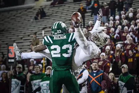 Tyler Conklin makes a falling one-handed touchdown catch in the fourth quarter Tuesday in CMU's 27-20 win at Kelly/Shorts Stadium.