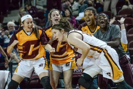 Central Michigan players celebrate after Cassie Breen hits a 3-pointer in Tuesday's thrilling win at McGuirk Arena.