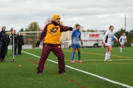 Coach Peter McGahey sends his CMU soccer team out against Kent State on Friday night in a MAC Tournament semifinal game.