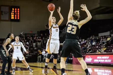 CMU sophomore forward Reyna Frost (13) is the leading rebounder in the Mid-American Conference at 12.0 per game.