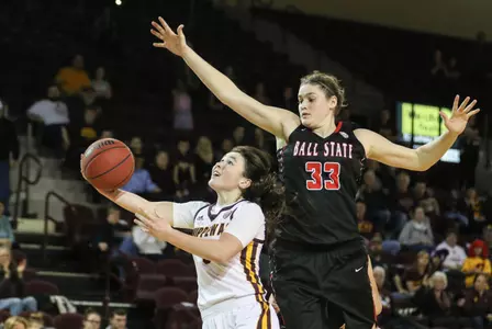 CMU sophomore guard Presley Hudson (left) puts up a shot Wednesday in the Chippewas' 101-92 victory over Ball State.