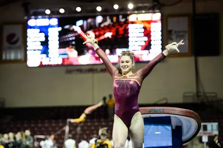 Sophomore Gianna Plaksa and her CMU gymnastics teammates play host to Eastern Michigan on Friday at McGuirk Arena.