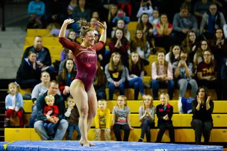 CMU's Katy Clements performs in the floor exercise on Friday at McGuirk Arena.