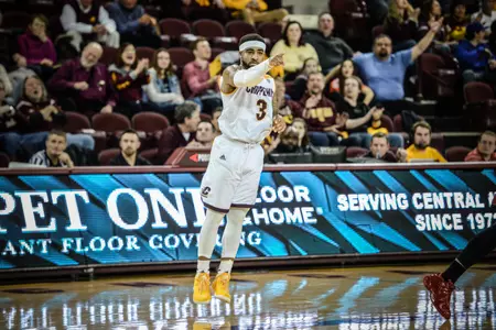 Marcus Keene points to a teammate after knocking down one of his program-record-tying 10 3-pointers on Saturday at McGuirk Arena.