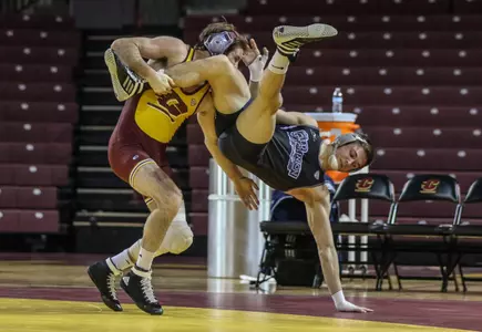 Central Michigan's Colin Heffernan takes down Old Dominion's Shane Jones en route to a 16-1 technical fall on Friday at McGuirk Arena.