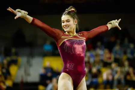 Sophomore Gianna Plaksa posted a CMU-best 9.775 on floor exercise on Saturday at the Metroplex Challenge.